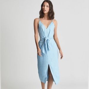 Reiss Blue Kay Linen Tie Knot Midi Detail Tank Top Dress 8